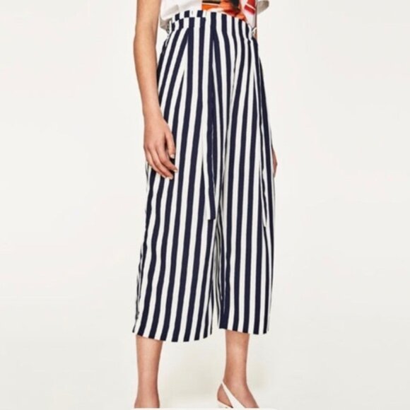 Zara Paperbag Blue White Striped Crop Trousers S - Picture 1 of 4
